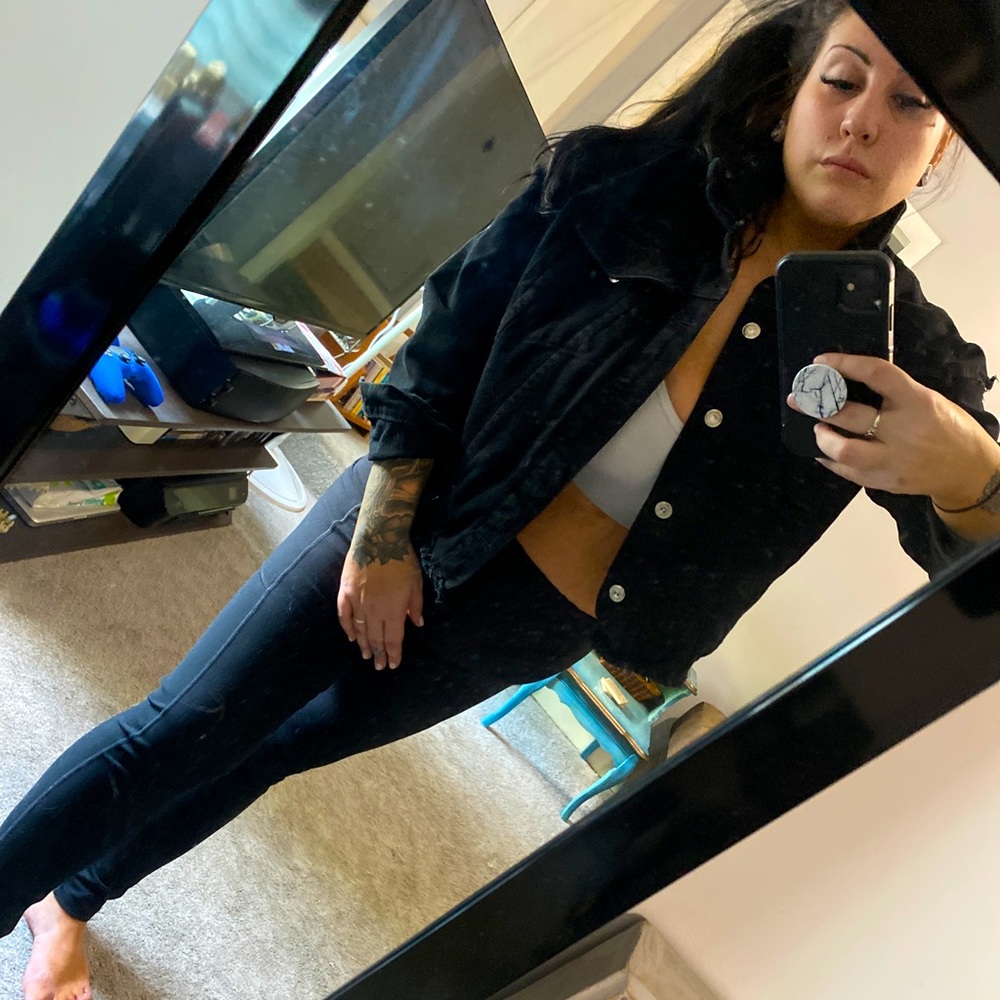Cropped Distressed Black Jean Jacket NWOT